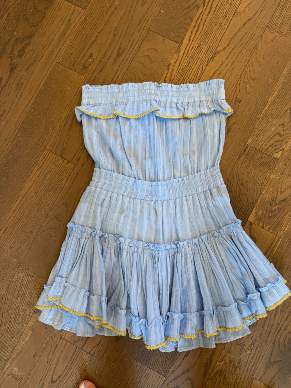 Misa Los Angeles Light Blue Strapless Tiered Mini Dress with Yellow Trim